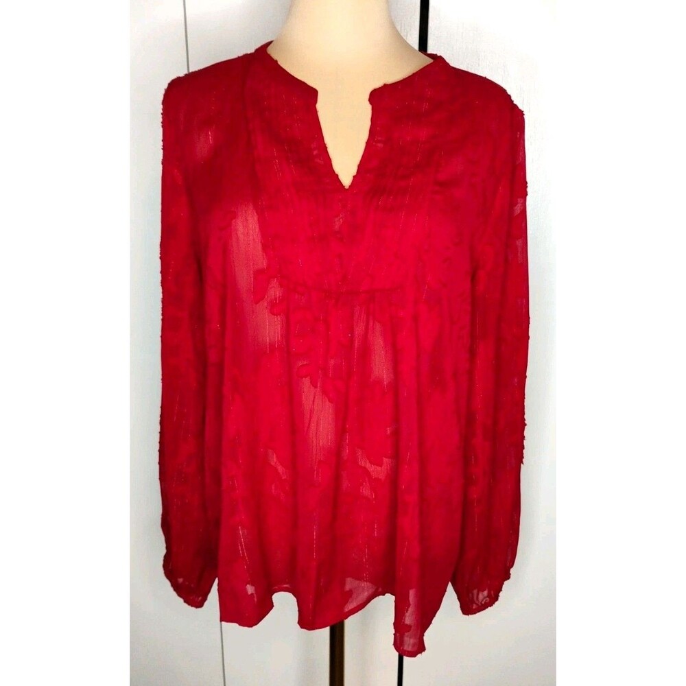 Maurices Red Sheer Chiffon Floral V-Neck Long Sleeve Tunic Blouse Womens M